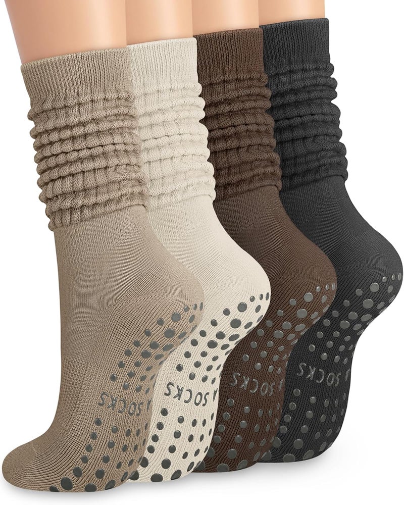 YSense 4 Pairs Pilates Socks with Grips for Women Non Slip Long Slouch Socks Yoga Grippy Sock Slouchy Barre Hospital Slipper - Image 1